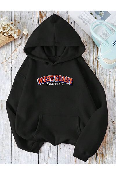 RPT MODA Oversized West Coast Printed Detail Hooded Basic Sweatshirt
