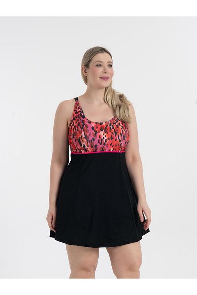 AQUAVİVA Aquaviva Women's Large Size Black Pink Pattern Gathering Intermediate Pipe Adjustable Strap Stylish Dress Swimsuit