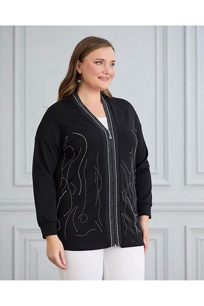 wearon tekstil Gi̇yfest Stone Printed Zippered V-Neck Stylish Cardigan