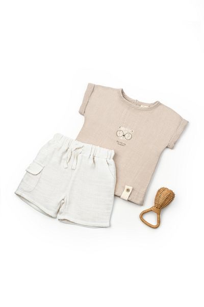 BabyCosy Organic Wear Set tricou maro cu pantaloni scurti TeddyBear, 100% bumbac organic, BabyCosy Marime: 18-24 luni