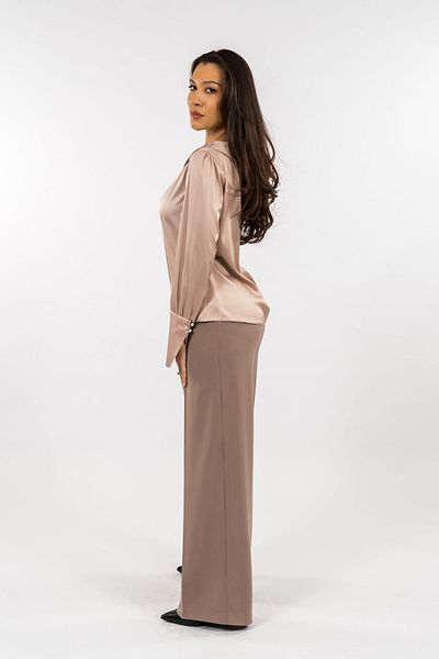 Gorgeaux Brown Silk Blouse and Fabric Pants Set - S(36)