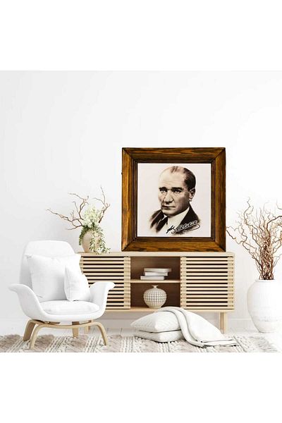 Mask Ataturk Portrait Ceramic Painting with Wooden Frame 29X29Cm Model 2