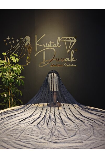 Kristal Duvak İncili Başlık Model Gelin Duvağı - Lacivert Duvak