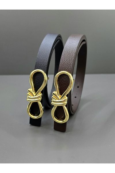 Kemerix 100% Genuine Leather Gold Buckle Thin Black-Bitter Brown Belt Set of 2