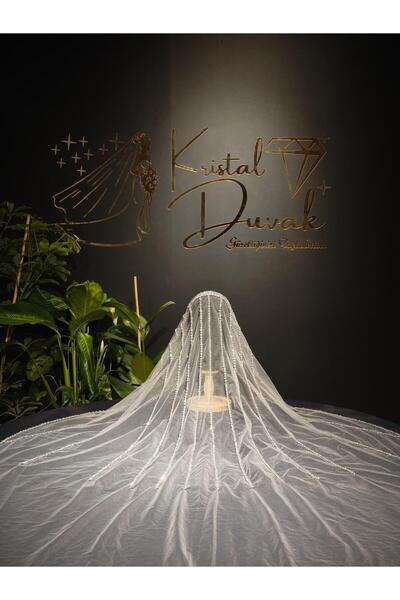 Kristal Duvak İncili Başlık Model Gelin Duvağı - Gri Duvak