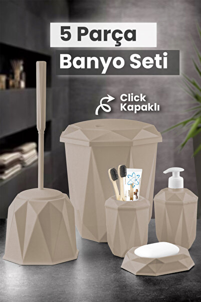 MYBOX 5 Parça Vanity Klik Kapaklı Banyo Seti - Dekoratif Çöp Kovası Diş Fırça...