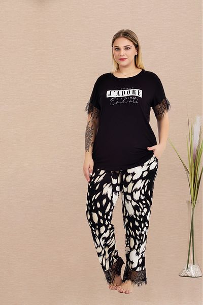 Lady Lingerie Κοντομάνικο σετ γυναικεία πιτζάμα μεγάλου μεγέθους με τούλι στα μανίκια και τα πόδια