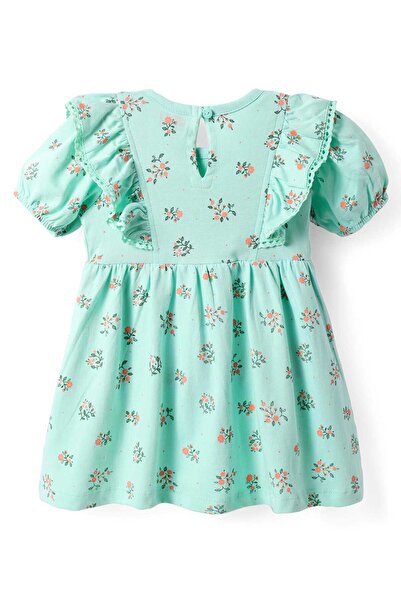 Babyhug Babyhug Single Jersey Floral Printed Frock with Bloomer & Bow Applique - Turquoise