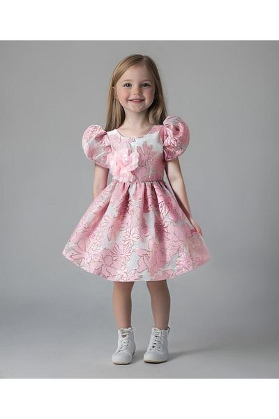 Mark & Mia Floral Applique Detailed Puffed Sleeves Party Frock - Pink