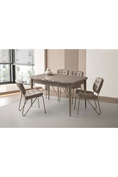 Evistro Ortadan Açılır Büyüyen 70x120cm Cappicino Ahşap Salon Yemek Masa Sandalye Takımı 4 Banky Sandalyeli