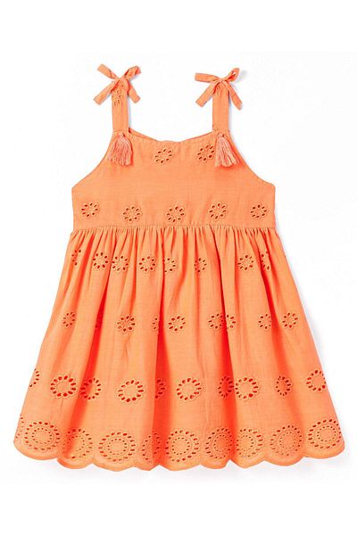 Bonfino Bonfino 100% Cotton Woven Singlet Sleeves A Line Schiffli Dress With Bow Applique -Orange