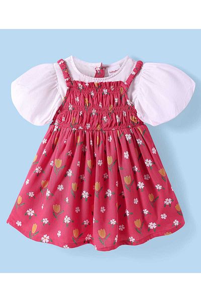 Babyhug Half Puffed Sleeves Frock With Floral Print - Red & White