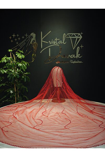 Kristal Duvak Şehrazat 4'lü Model Gelin Duvağı - Kırmızı Duvak