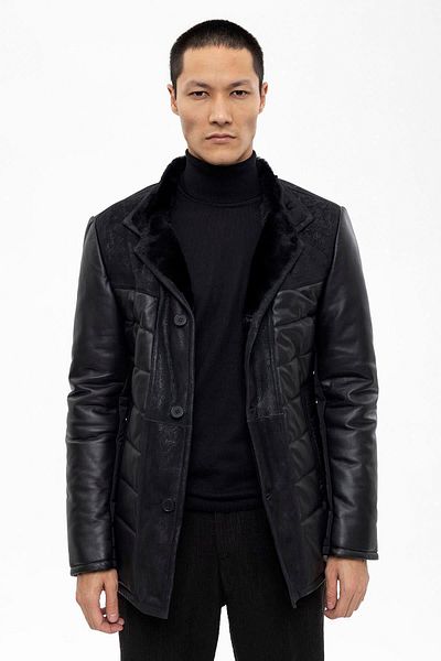 Deriderim Black Nico Men's Buttoned Lightweight Warm Collar Lamb Fur Genuine Leather Coat