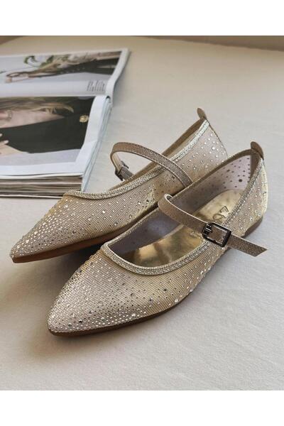 Zuum Kalon Pointed Toe Mary Jane Style Women's Ballerinas - Gold
