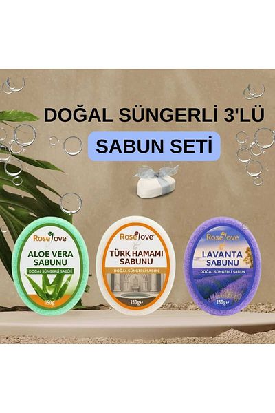 RoseLove Natural Sponge Soap Set of 3 - Aloe Vera, Lavender and Turkish Bath Breeze - 150 Gr X 3