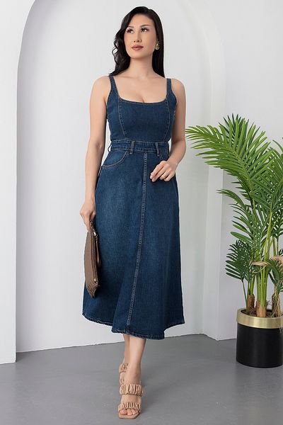 PULLIMM Rochie din denim cu buzunare cu bretele - PER299