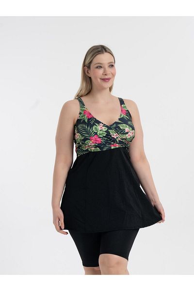 AQUAVİVA Aquaviva Women's Black Violet Pattern Plus Size Cruising Effect Gathering Dress Swimsuit
