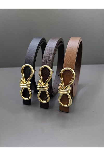 Kemerix 100% Genuine Leather Thin Black-Tan-Bitter Brown 3-Piece Belt Set with Gold Buckle