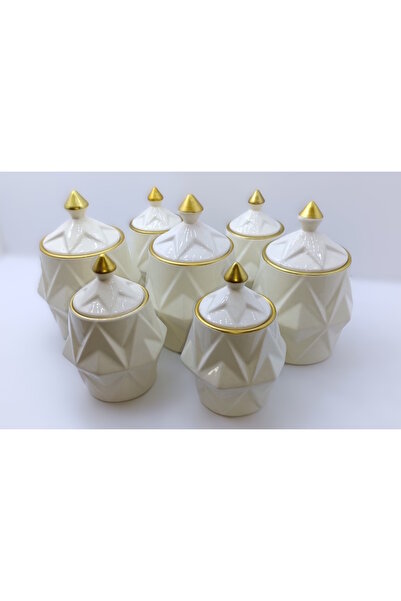 NUR SERAMİK 7 Parça Seramik Baharatlık Seti - Whıte-gold