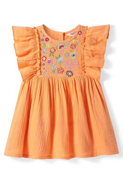 Bonfino 100% Cotton Floral Embroidered Dress - Orange