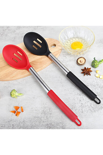 Bundlepro set of 2 large spoons, stainless steel/silicone, black/red, 34 x 7 cm
