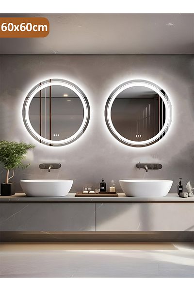 Taimi Pack of 2 Modern LED Round Vanity Mirror, Adjustable Temperature, Black Frame, 60x60CM