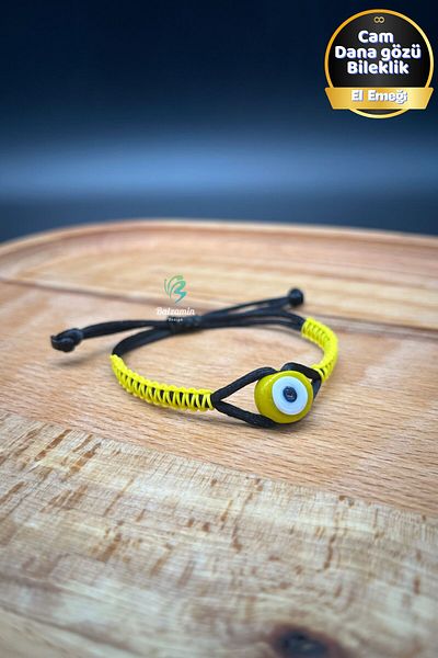 Balzamin Design Handmade Yellow Evil Eye Beaded Yellow Black Adjustable Bracelet