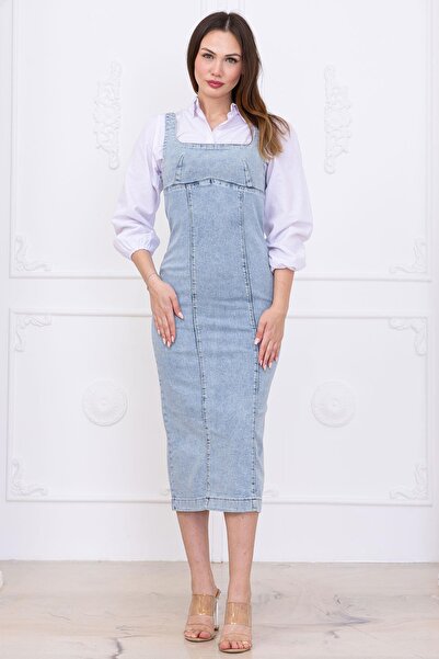 SENSTIL Τζιν φόρεμα με τιράντες ανοιχτό μπλε SS2696