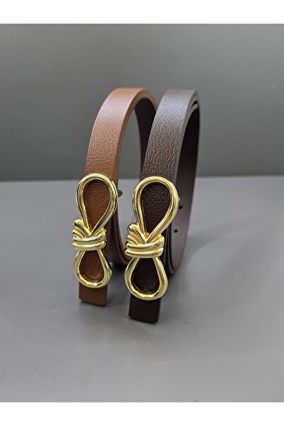 Kemerix 100% Genuine Leather Gold Buckle Thin Tan-Bitter Brown 2-Piece Belt Set
