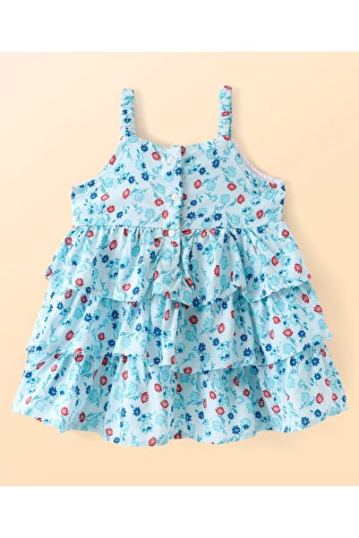 Babyhug Babyhug Rayon Woven Floral Printed Layered Frock With Half Sleeves Inner Tee & Bow Applique-Sky Blue