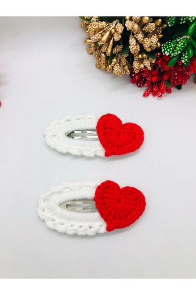 İnDerin Red Heart Braid Snap Hair Clip Handmade (Piece of 2) 5cm