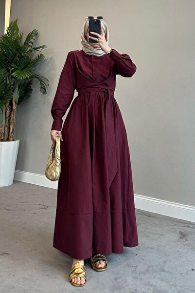 Swana Gömlek Yaka Bağlamalı Poplin Kumaş Tesettür Elbise-Bordo
