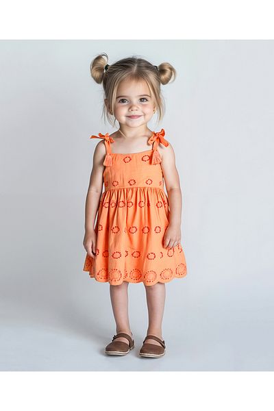 Bonfino Bonfino 100% Cotton Woven Singlet Sleeves A Line Schiffli Dress With Bow Applique -Orange