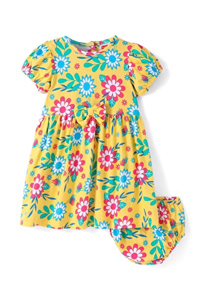 Babyhug Babyhug Single Jersey Knit Half Sleeves Frock with Bloomer & Bow Applique Floral Print - Yellow