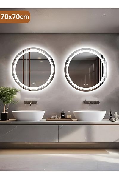 Taimi Pack of 2 Modern LED Round Vanity Mirror, Adjustable Temperature, Black Frame, 70x70CM