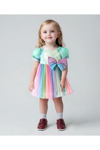 Bonfino Rainbow Mesh Bow Detailed Short Sleeves Party Dress - Multicolor