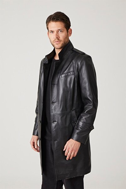 Deriderim Black Darryl Men's Buttoned Lined Epaulets Slit Stand Collar Slim Fit Genuine Leather Coat