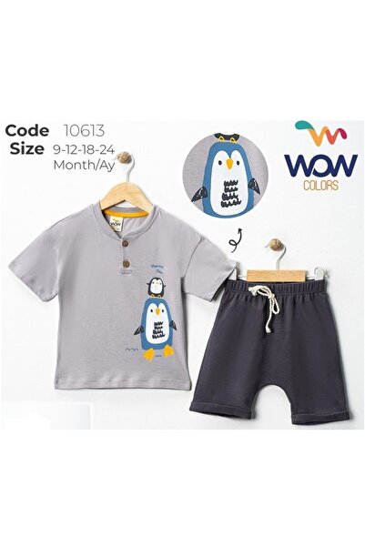 WOW 121-04-25 ERKEK ÇOCUK PENGUEN BASKILI ÖNDEN DÜĞMELİ T-SHİRT ŞORTLU YAZLIK...