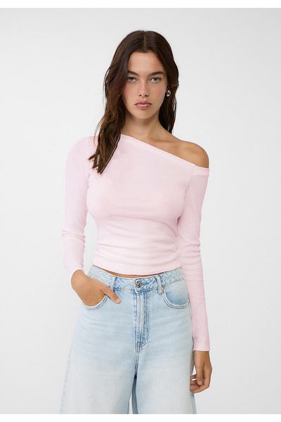 VODENS Bluză tricou 100% bumbac cu guler asimetric roz pentru femei