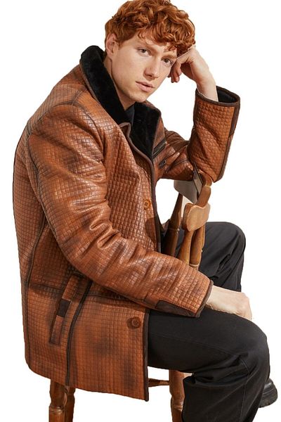 Deriderim Men's Genuine Fur Coat - Whiskey Braxton, Brown Feathers, Zipper and Ornamental Buttons