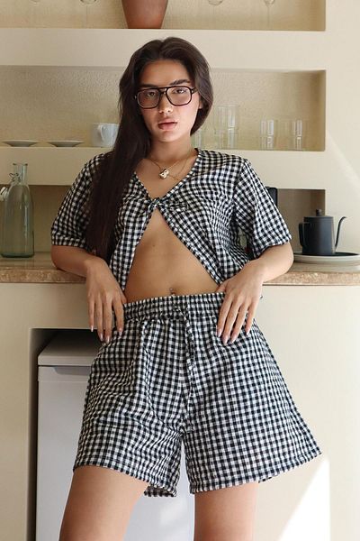 Madmext Black Gingham Shorts Blouse Set Mg2373
