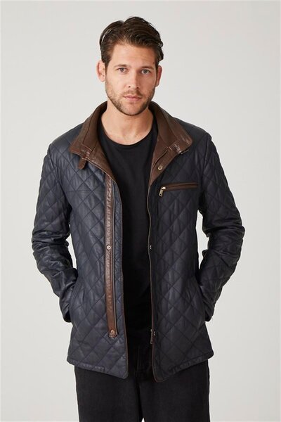 Deriderim Navy Blue Ulric Men's Quilted Stitched Waist-Sitting Lined Zipper Closure Genuine Leather Coat