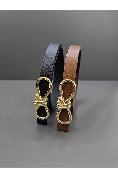 Kemerix 100% Genuine Leather Gold Buckle Thin Black-Tan Belt Set of 2