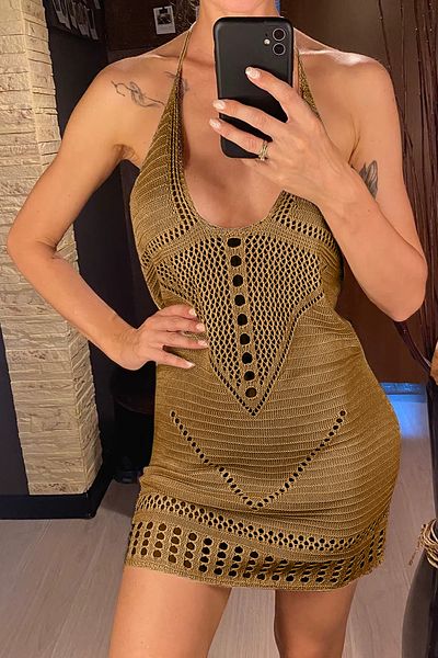 AQE FASHION Camel Beach Dress - U Neck Halter Knitted Backless Pareo