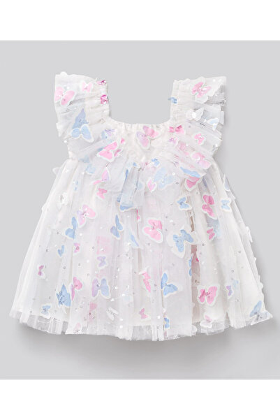 Bonfino Bonfino Woven Frill Sleeves Party Dress With Butterfly & Sequin Detailing - White