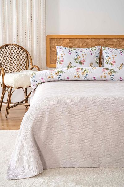 Rivaİstanbul Zigzag Light Gray Double Duvet Cover Pique Set - 5 Piece Dowry Set