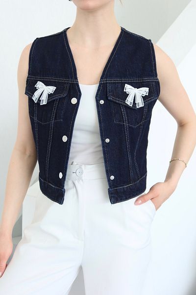 Laluvia Marineblaue Denim-Weste mit Schleife - 6518
