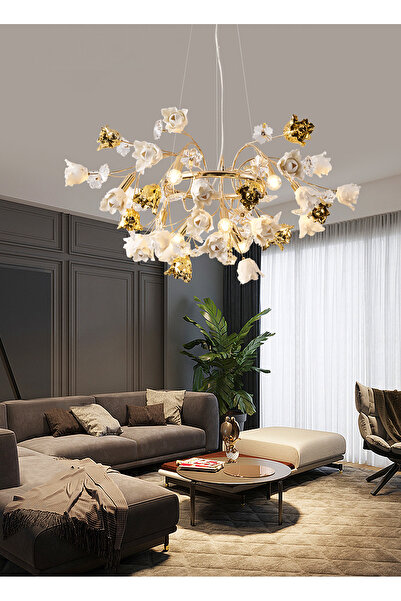 Apliqa Faxon 9'lu Gold Çiçek Desenli Modern Yuvarlak Sarkıt Salon Avize