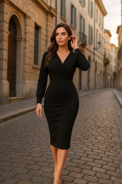 İpeksi Silky Women's Long Sleeve Double Breasted Collar Gathered and Balloon Sleeve Detail Crepe Fabric Maxi Size Dress